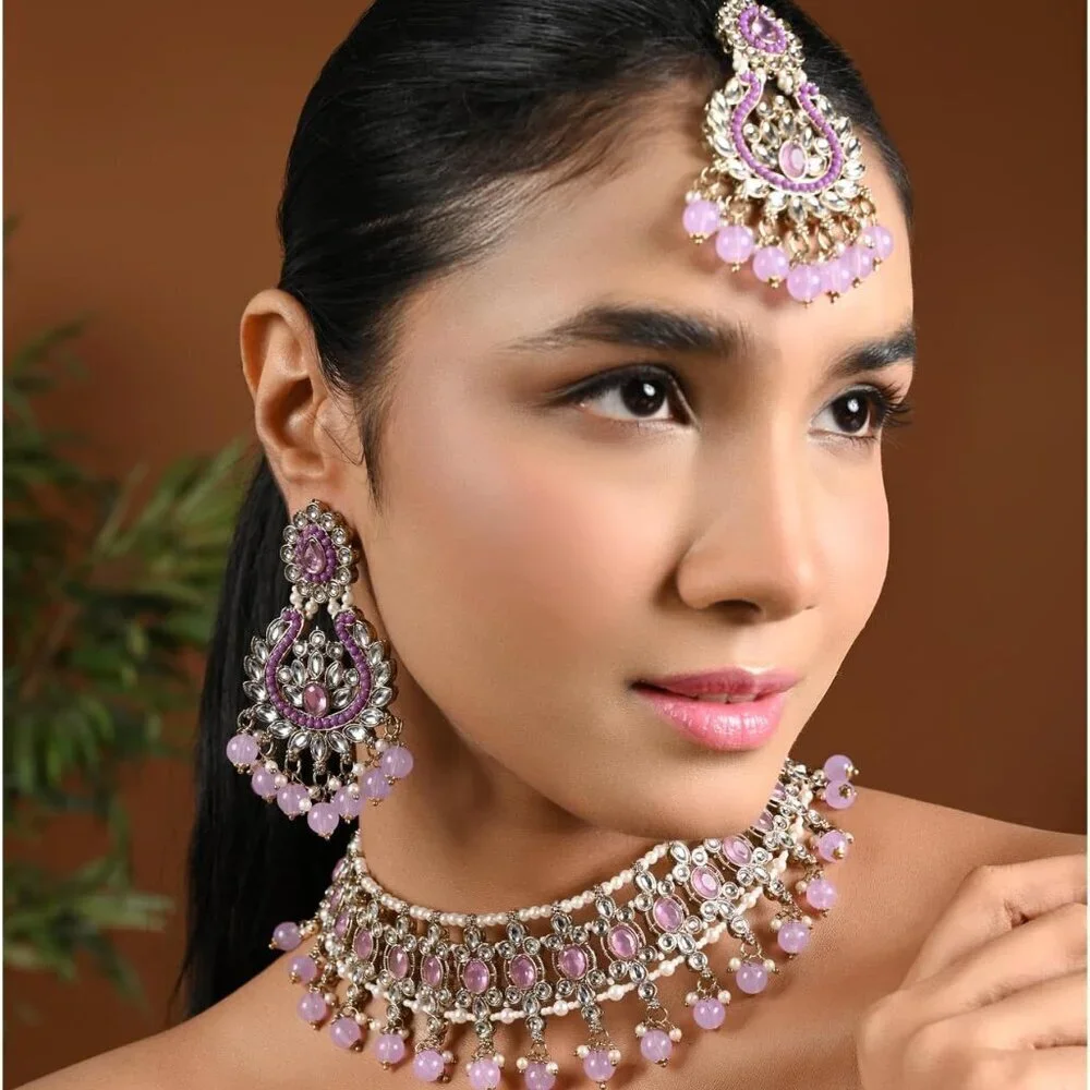 Gold Plated Indian Wedding Jewelry Set Pearl Kundan Choker Earrings Maang Tikka